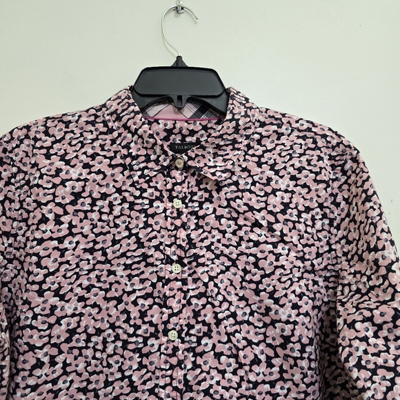 TALBOTS size 14 Floral Roll Tab Sleeve Button Up Casual Cotton Shirt Pink Navy - Picture 9 of 14